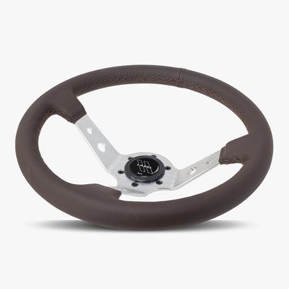Nappa brown leather Daytona steering wheel with silver spoke and brown stitching, designed for performance vehicles.
