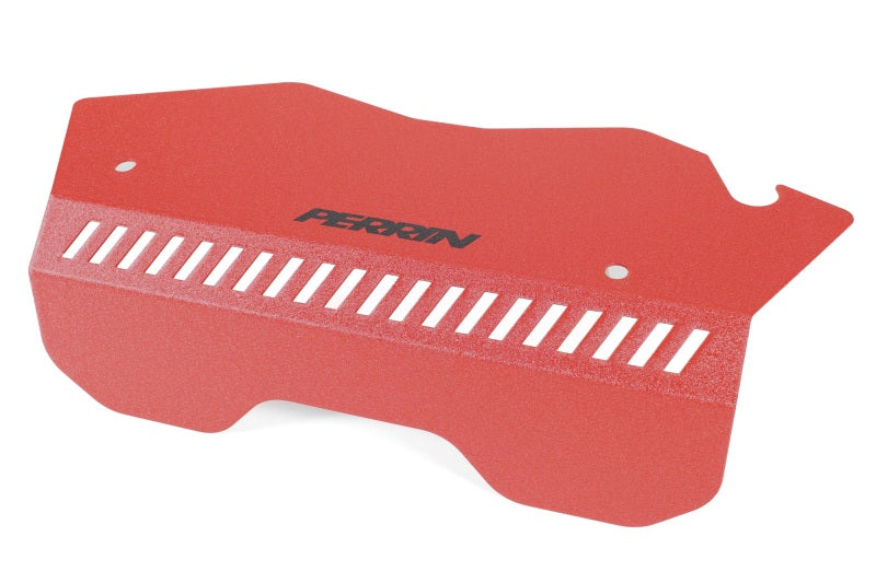 Red Perrin belt pulley cover for 2022-2025 Subaru WRX, designed by JDMuscle, installed on engine with visible mounting details.