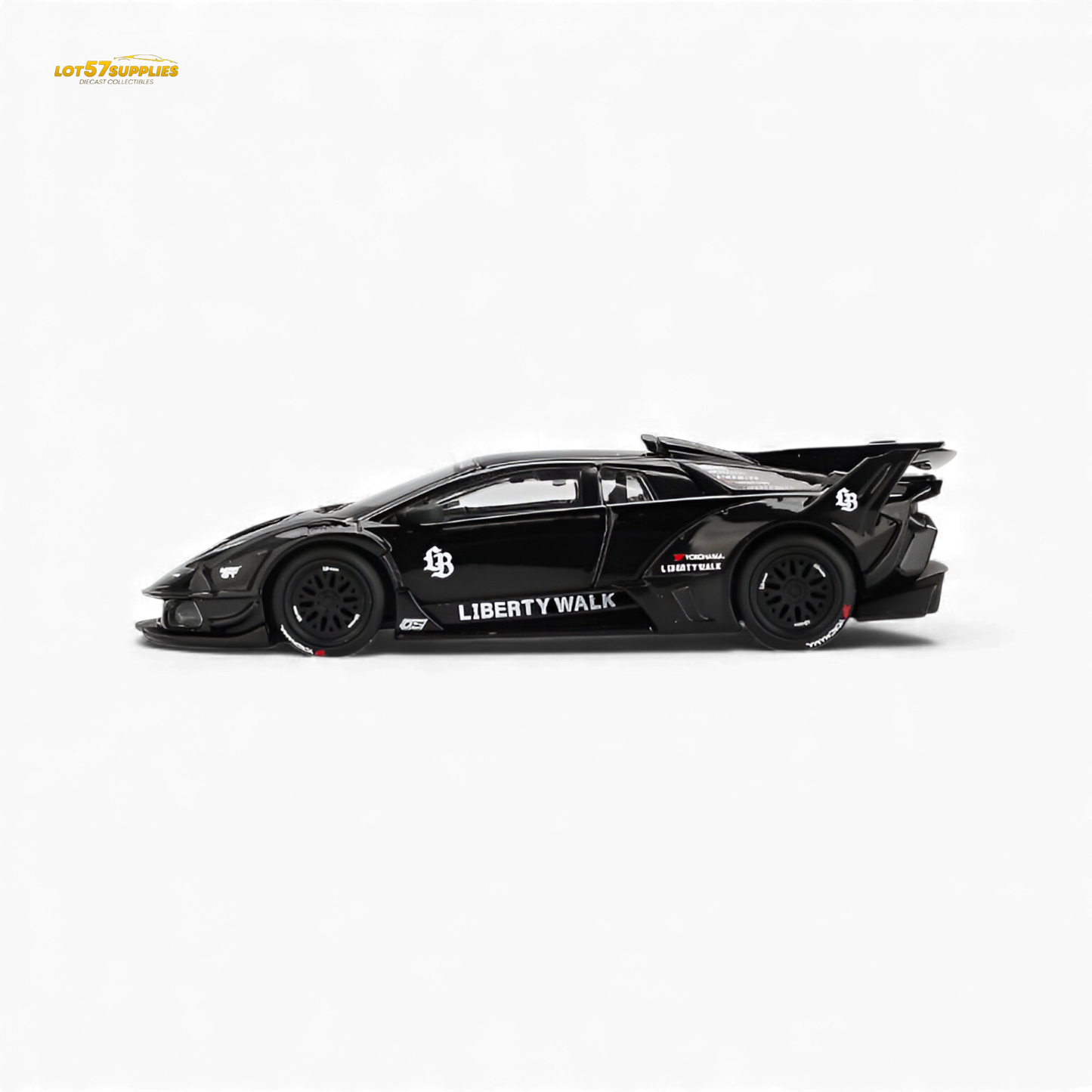 Black Mini GT Lamborghini Murcielago GT Evo diecast model in 1:64 scale, detailed miniature of Lamborghini supercar.