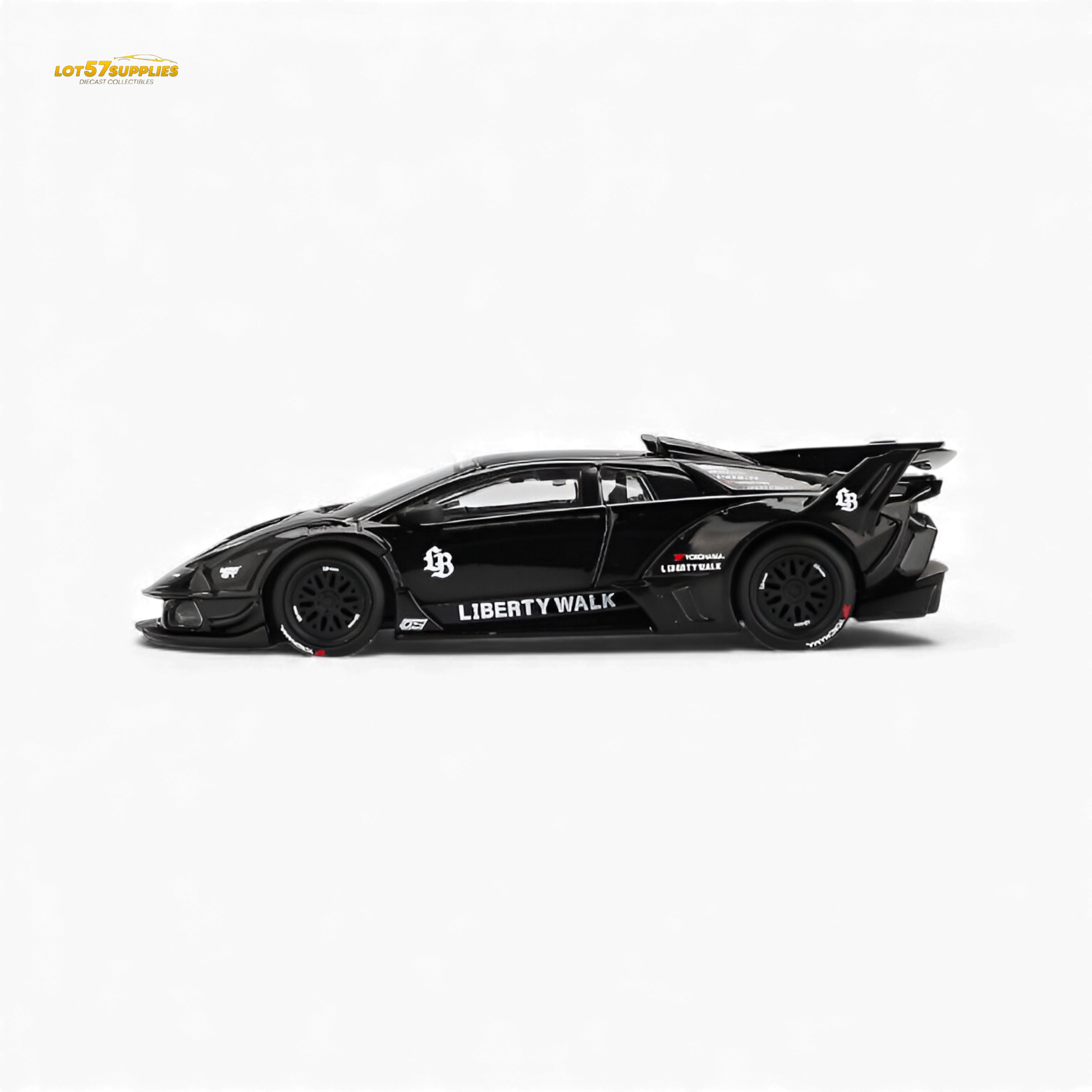 Black Mini GT Lamborghini Murcielago GT Evo diecast model in 1:64 scale, detailed miniature of Lamborghini supercar.