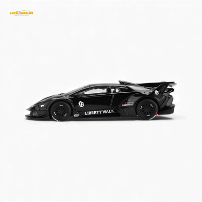 Black Mini GT Lamborghini Murcielago GT Evo diecast model in 1:64 scale, detailed miniature of Lamborghini supercar.