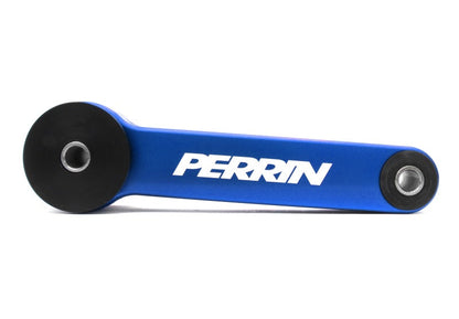 Blue PERRIN pitch stop mount for 2002-2025 Subaru WRX, STI, LGT, FXT, by JDMuscle, shown in close-up with mounting details