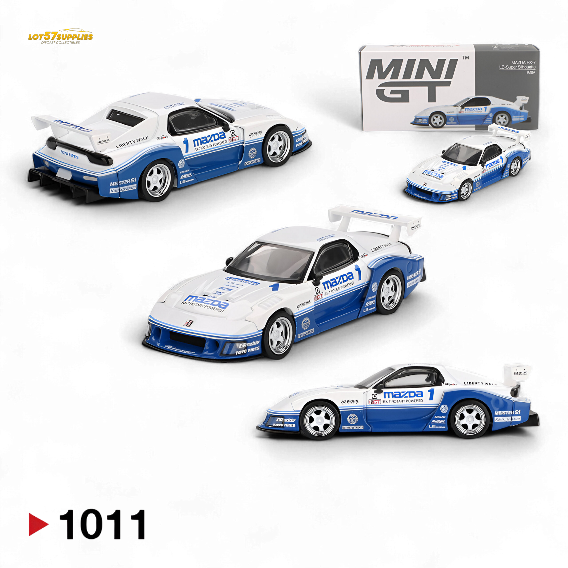 Mini GT Mazda RX-7 LB-Super Silhouette IMSA diecast model in 1:64 scale, detailed Mazda sports car with vibrant paint and racing decals.