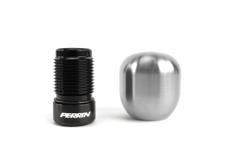 JDMuscle PERRIN brushed stainless steel barrel shift knob for Subaru WRX, STI, BRZ, and Crosstrek models, with a sleek design.