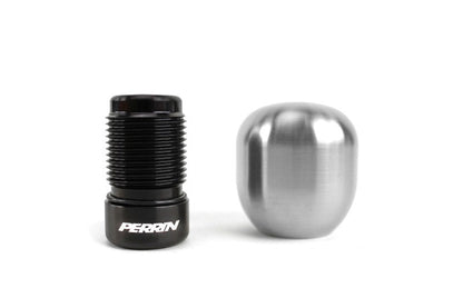 JDMuscle PERRIN brushed stainless steel barrel shift knob for Subaru WRX, STI, BRZ, and Crosstrek models, with a sleek design.