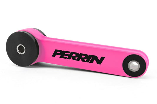 JDMuscle Perrin Hyper Pink Pitch Stop Mount for Subaru WRX/STI, LGT, FXT, showing vibrant pink mount in engine bay