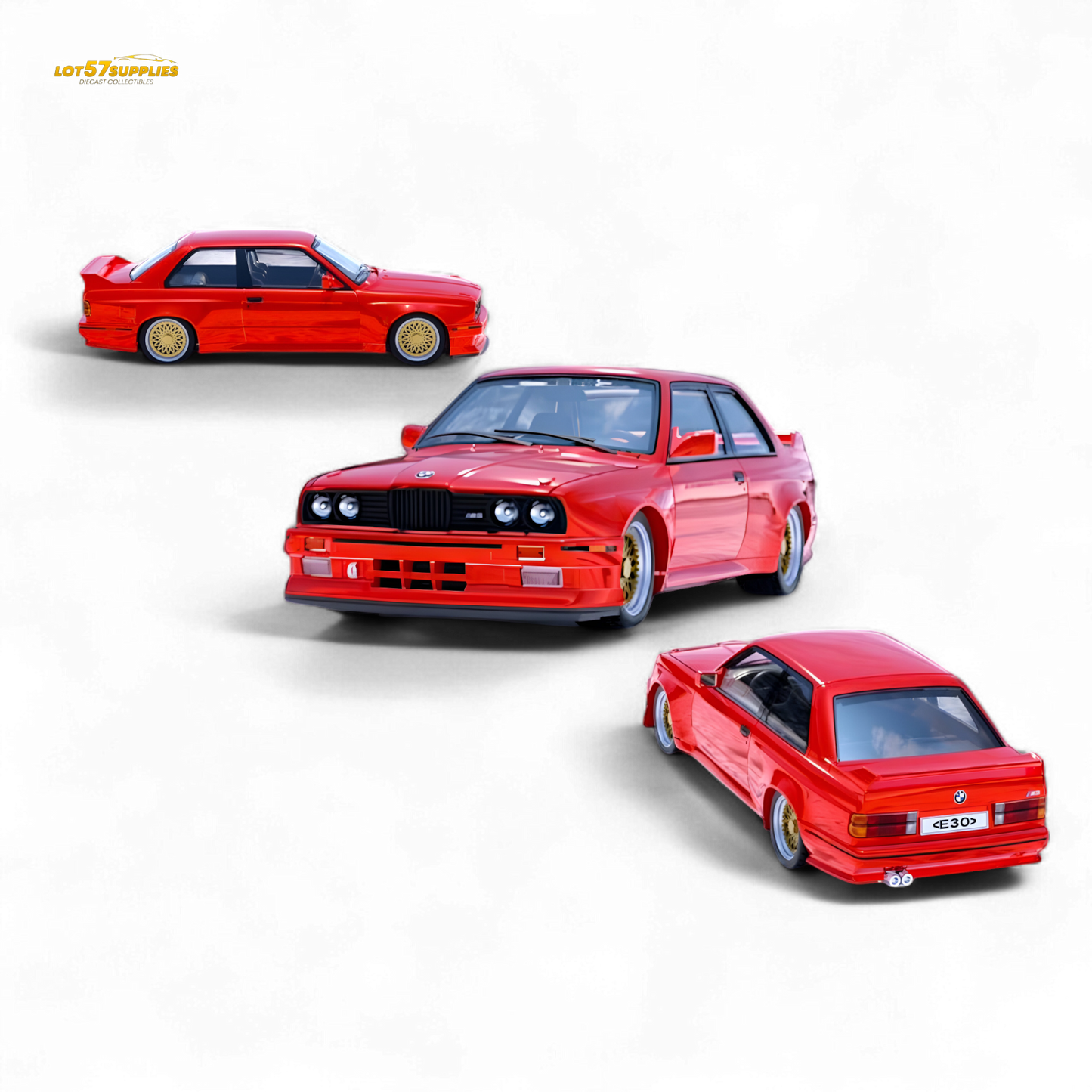 Red BMW M3 E30 diecast car model in 1:64 scale by Lot57Supplies Diecast Shop, detailed miniature vehicle.
