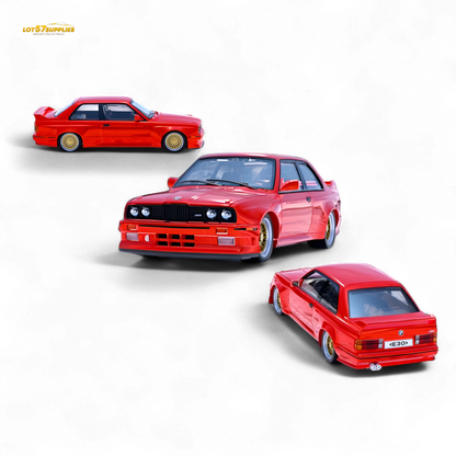 Red BMW M3 E30 diecast car model in 1:64 scale by Lot57Supplies Diecast Shop, detailed miniature vehicle.