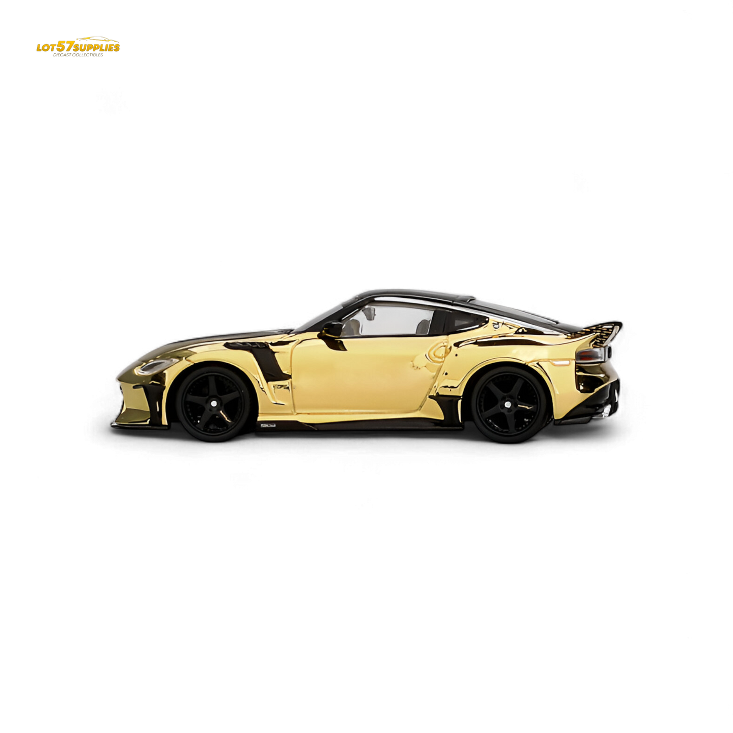 Mini GT Nissan Z VeilSide FZ400 diecast car in gold chrome finish, 1:64 scale, LHD model with detailed features.