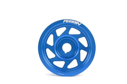 JDMuscle Perrin blue lightened crank pulley for Subaru WRX, STI, Legacy, and Forester models, featuring a sleek blue finish.