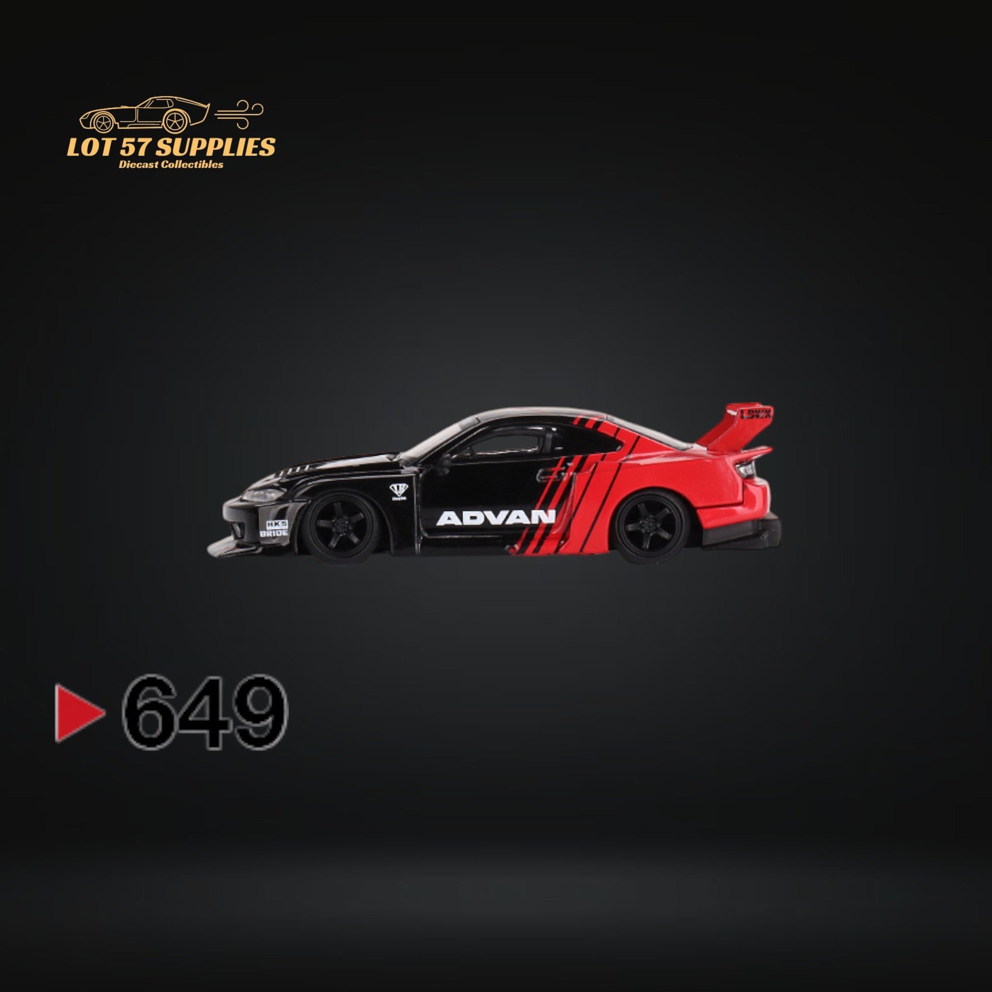 Mini-GT Nissan Silvia S15 LB Super Silhouette diecast model in Advan livery, detailed 1:64 scale Nissan car by Lot57Supplies Diecast Shop.