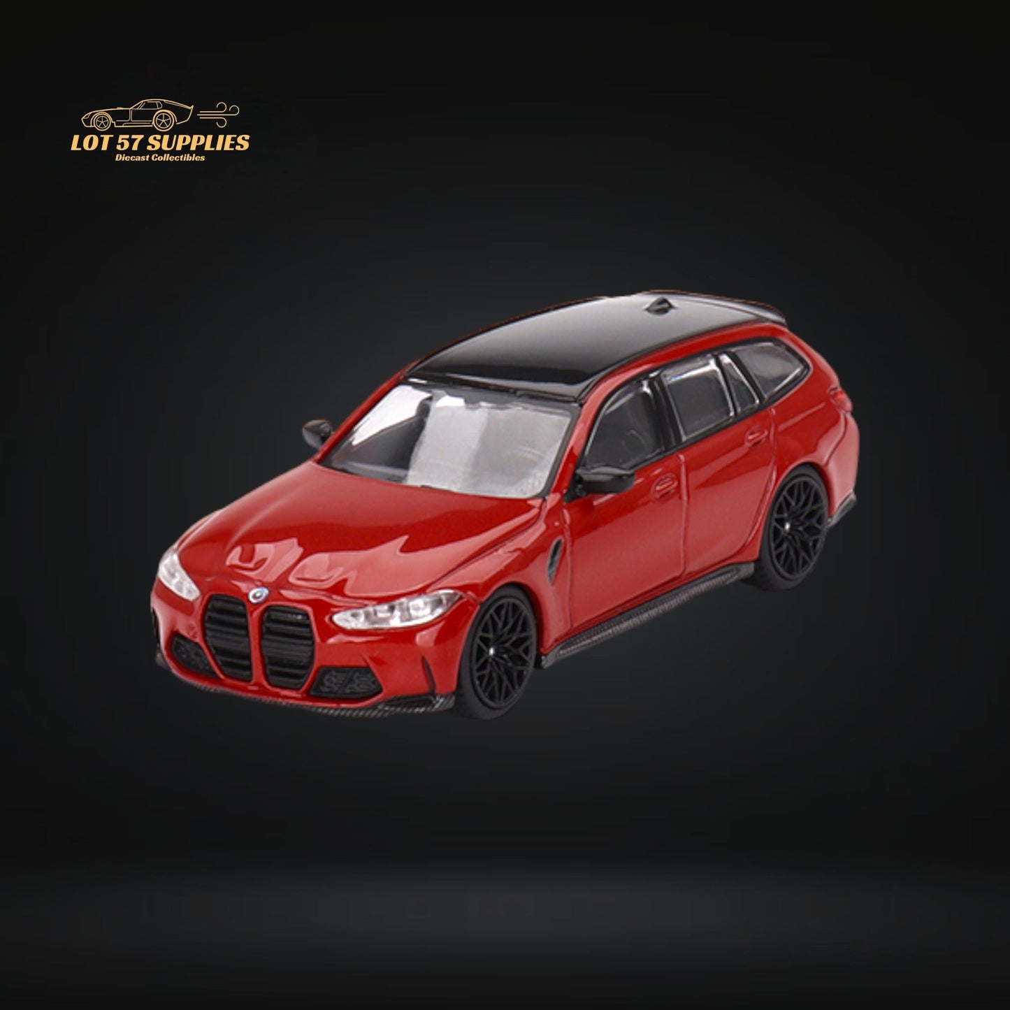 Mini-GT BMW M3 Competition Touring diecast model in 1:64 scale, featuring detailed design and authentic BMW branding.