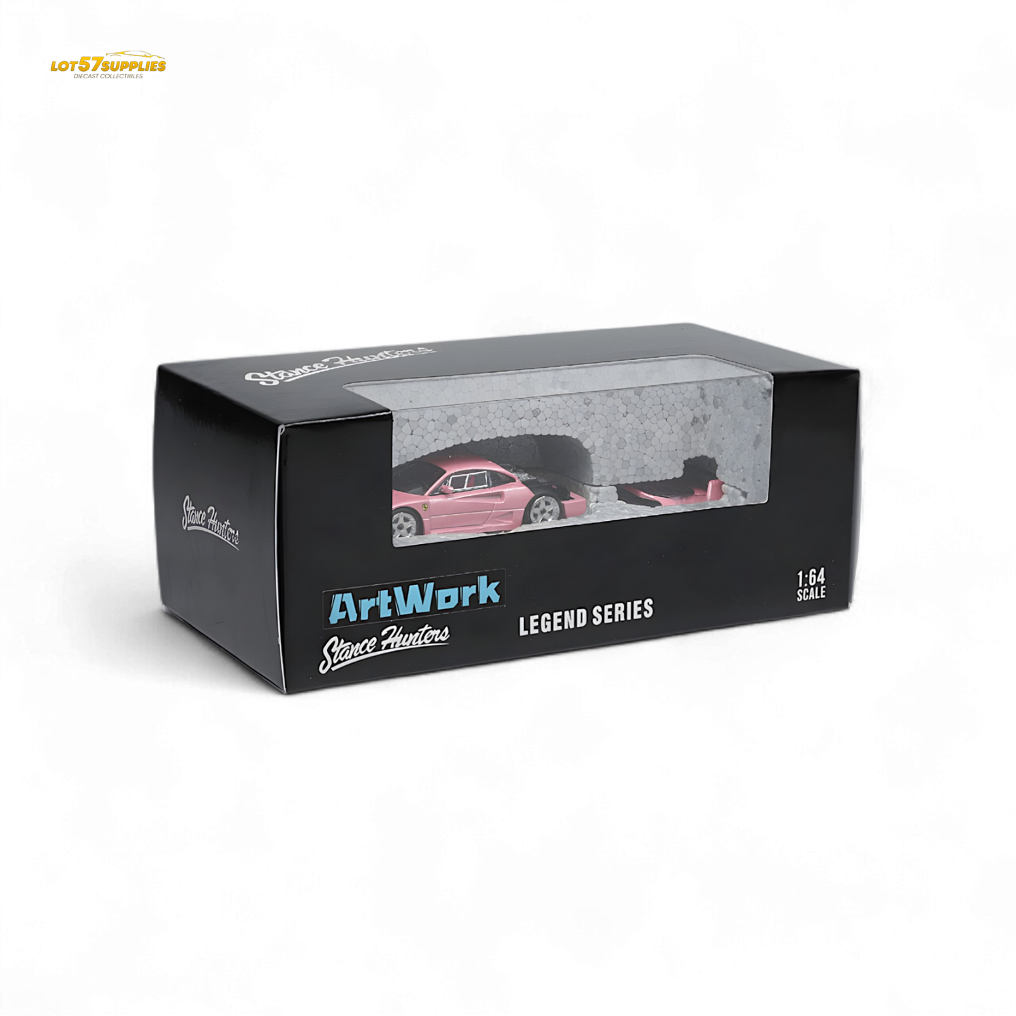 Pink Ferrari F40 LM diecast model by Stance Hunters, detailed 1:64 scale collectible car from Lot57Supplies Diecast Shop.