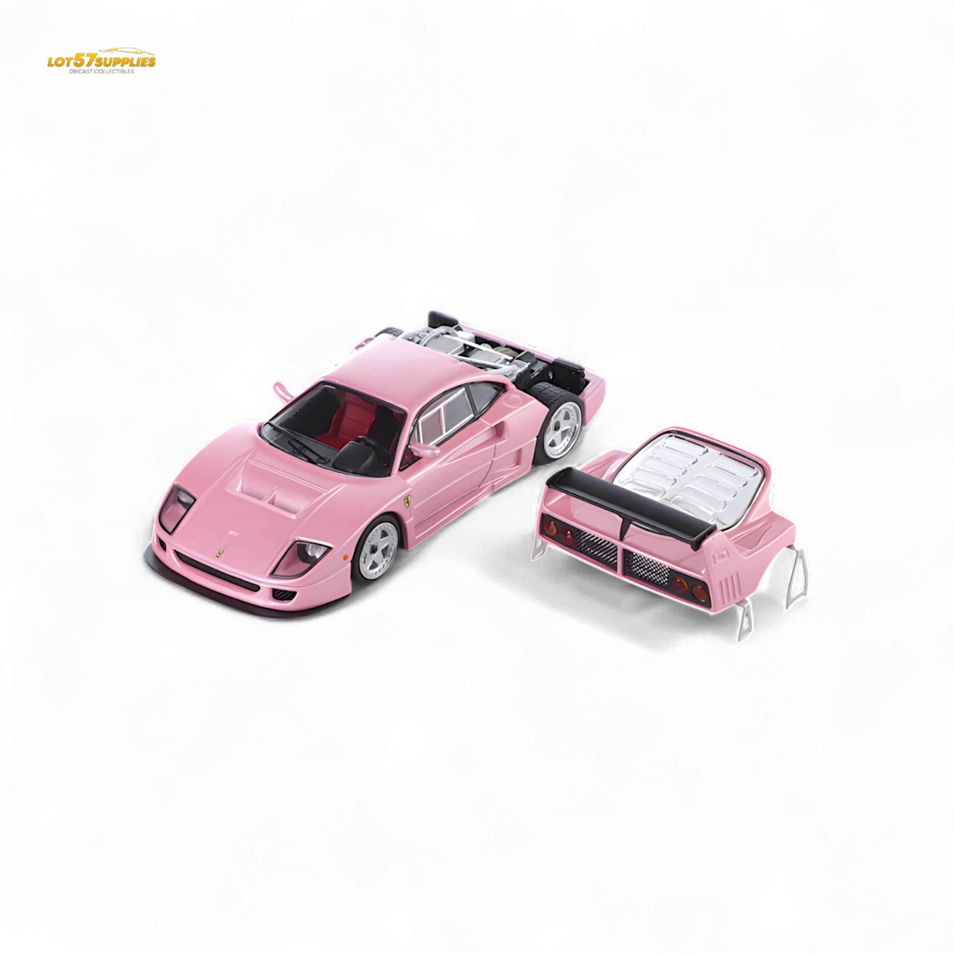 Pink Ferrari F40 LM diecast car by Stance Hunters, 1:64 scale, detailed model from Lot57Supplies Diecast Shop.