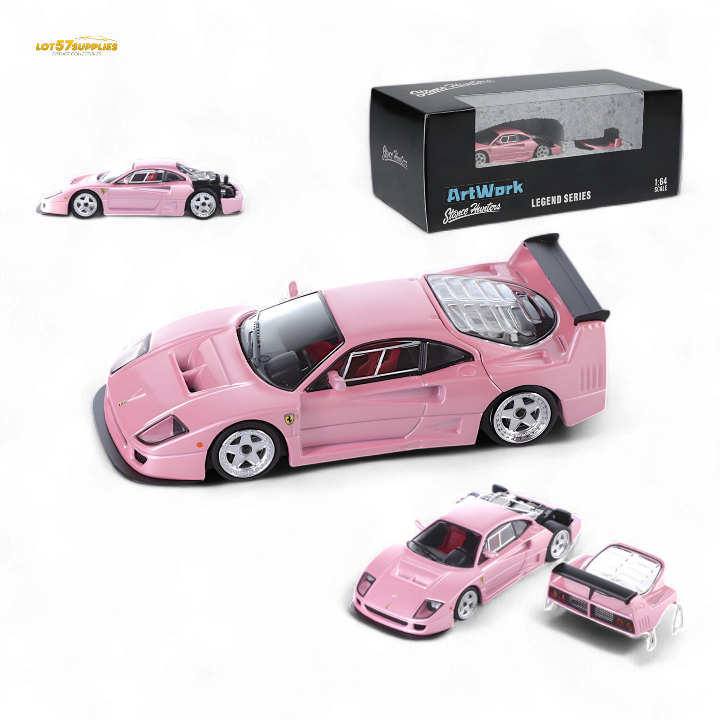 Pink Ferrari F40 LM diecast model by Stance Hunters, 1:64 scale, showcasing detailed racing car features.