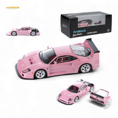 Pink Ferrari F40 LM diecast model by Stance Hunters, 1:64 scale, showcasing detailed racing car features.