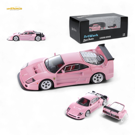 Pink Ferrari F40 LM diecast model by Stance Hunters, 1:64 scale, showcasing detailed racing car features.