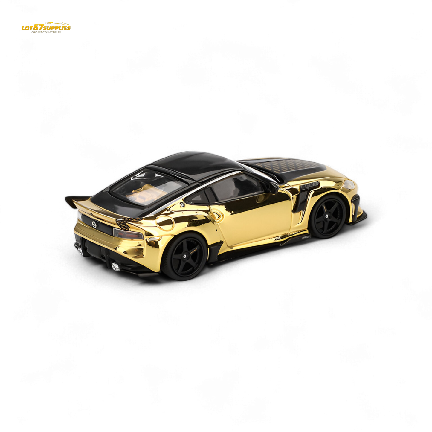Mini-GT Nissan Z VeilSide FZ400 diecast model in gold chrome, 1:64 scale, featuring detailed exterior design and LHD layout.