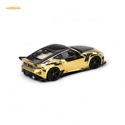 Mini-GT Nissan Z VeilSide FZ400 diecast model in gold chrome, 1:64 scale, featuring detailed exterior design and LHD layout.