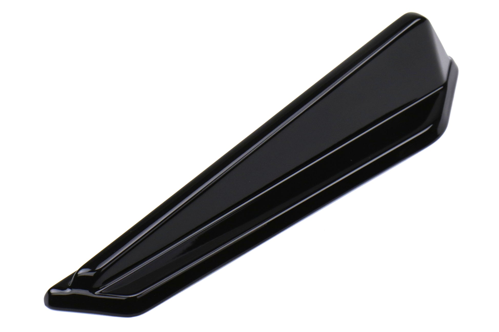 OLM Gloss Black JDM Style Canards for 2015-2021 Subaru WRX/STI, aerodynamic aero parts mounted on car's front bumper.