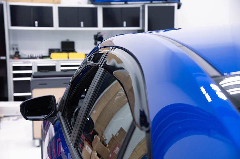 OLM Rain Guards for 2022+ Subaru WRX, exterior accessories, dark tinted side window deflectors, weather protection.