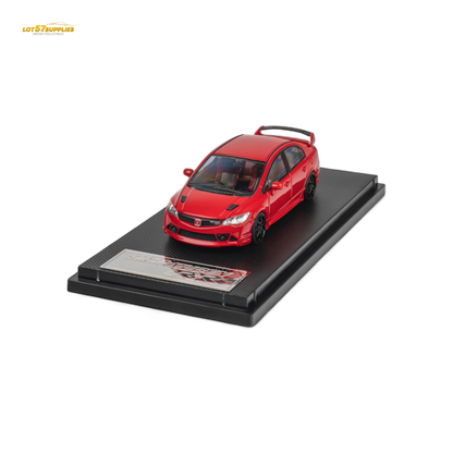 Red Honda Microturbo FD2 Mugen RR diecast car in 1:64 scale, detailed model showcasing car's design and branding.