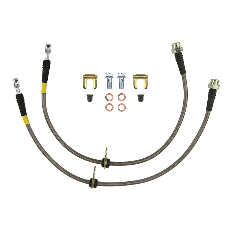 FactionFab front stainless steel brake lines for 2013-2020 Subaru BRZ, 2013-2016 Toyota 86, and 2013-2020 Scion FR-S, close-up view.
