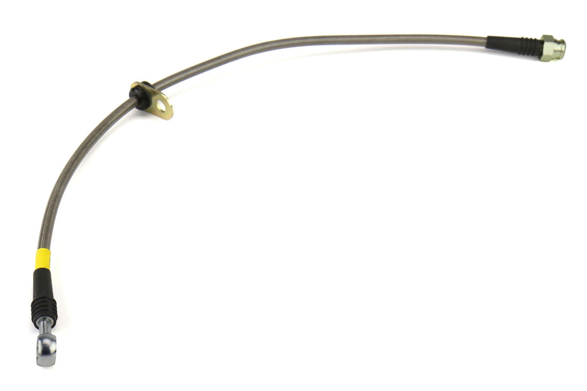FactionFab front stainless steel brake lines installed on 2013-2020 Subaru BRZ and Toyota 86, showing the durable metal construction.