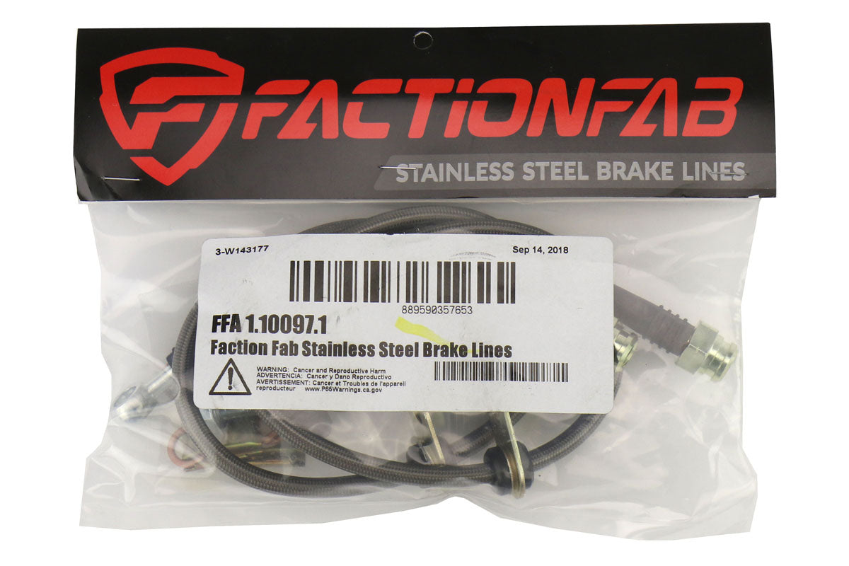 FactionFab front stainless steel brake lines for 2013-2020 Subaru BRZ, Scion FR-S, and 86, showing polished lines with fittings.