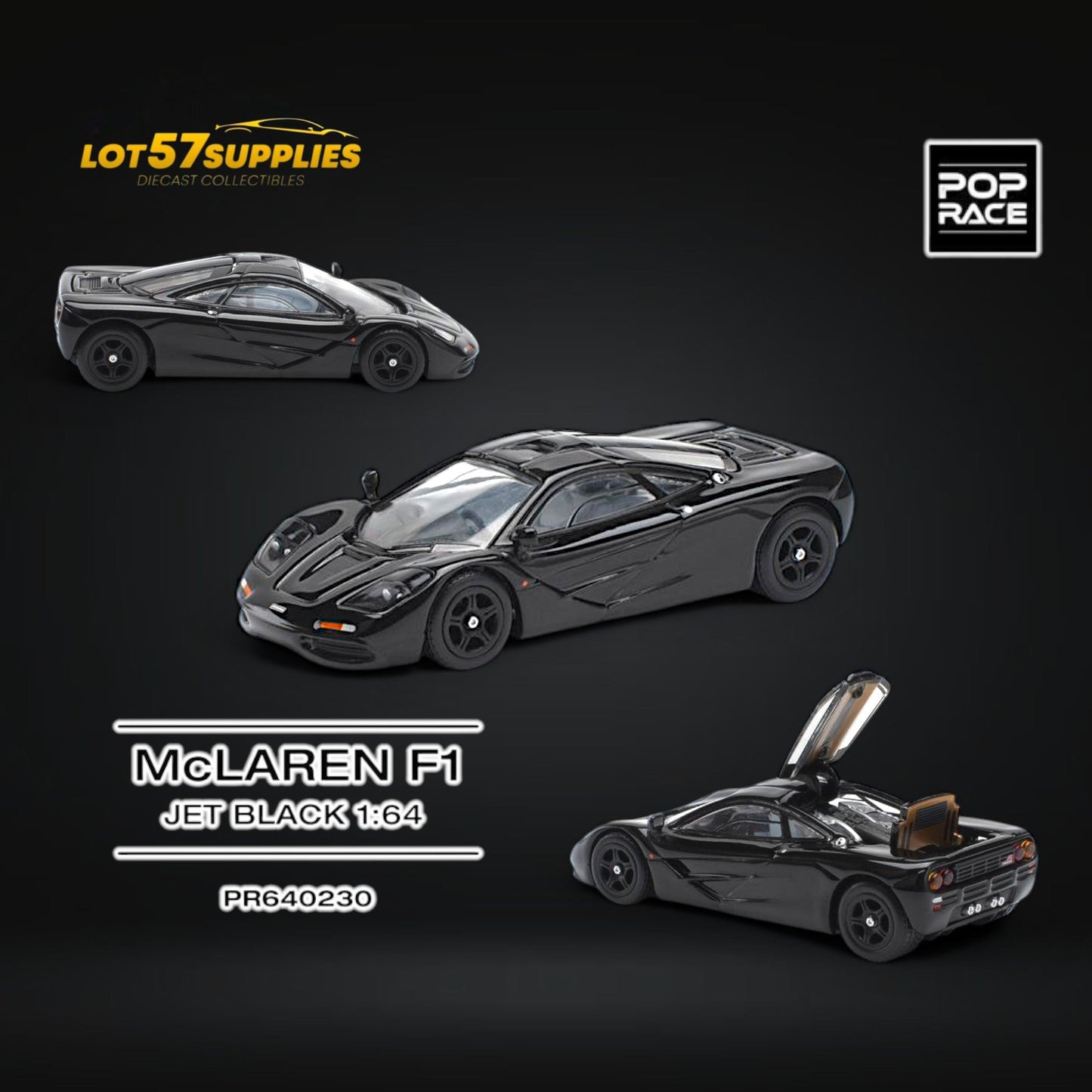 Black McLaren F1 diecast model in 1:64 scale from Pop Race, featuring detailed design and sleek jet black finish.