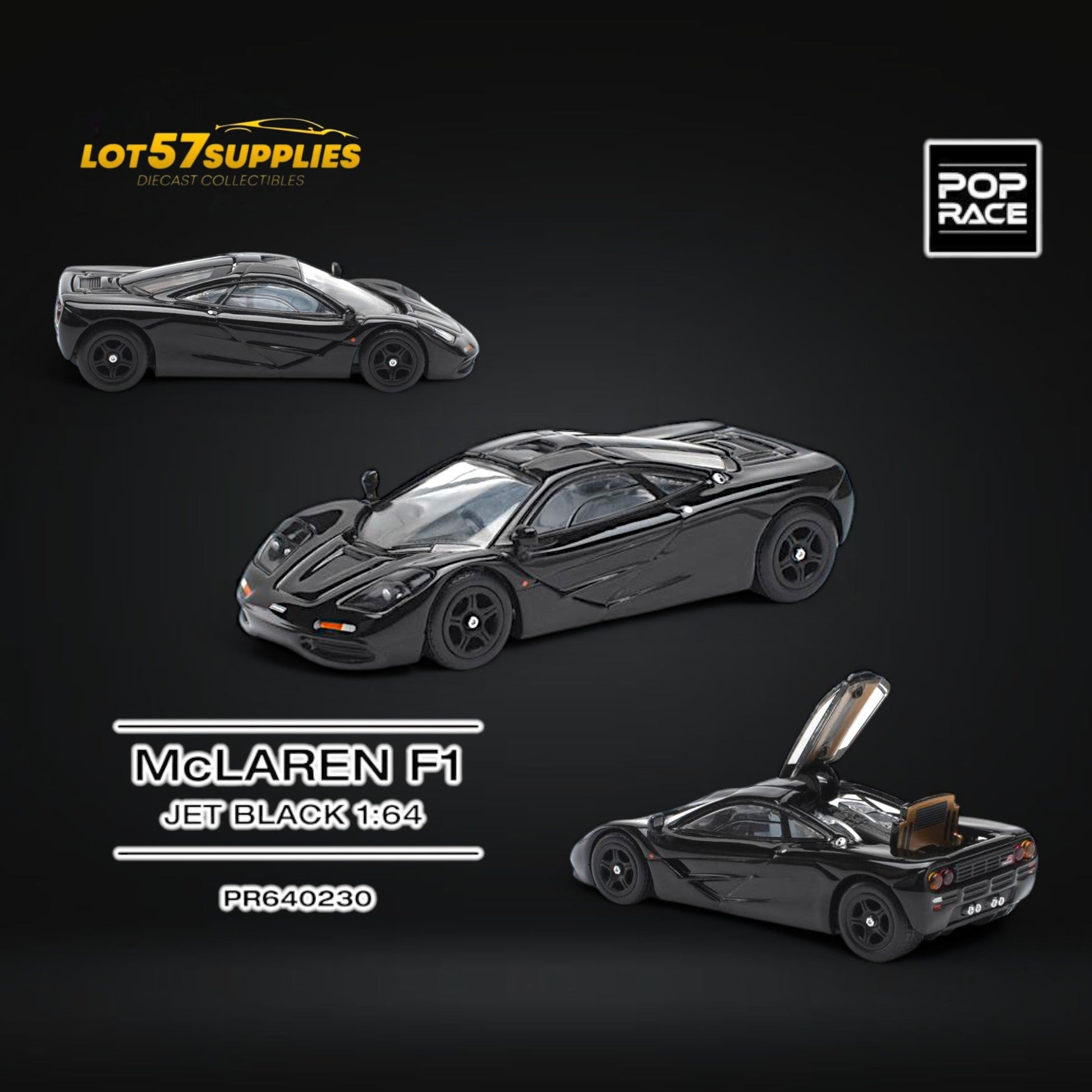 Black McLaren F1 diecast model in 1:64 scale from Pop Race, featuring detailed design and sleek jet black finish.