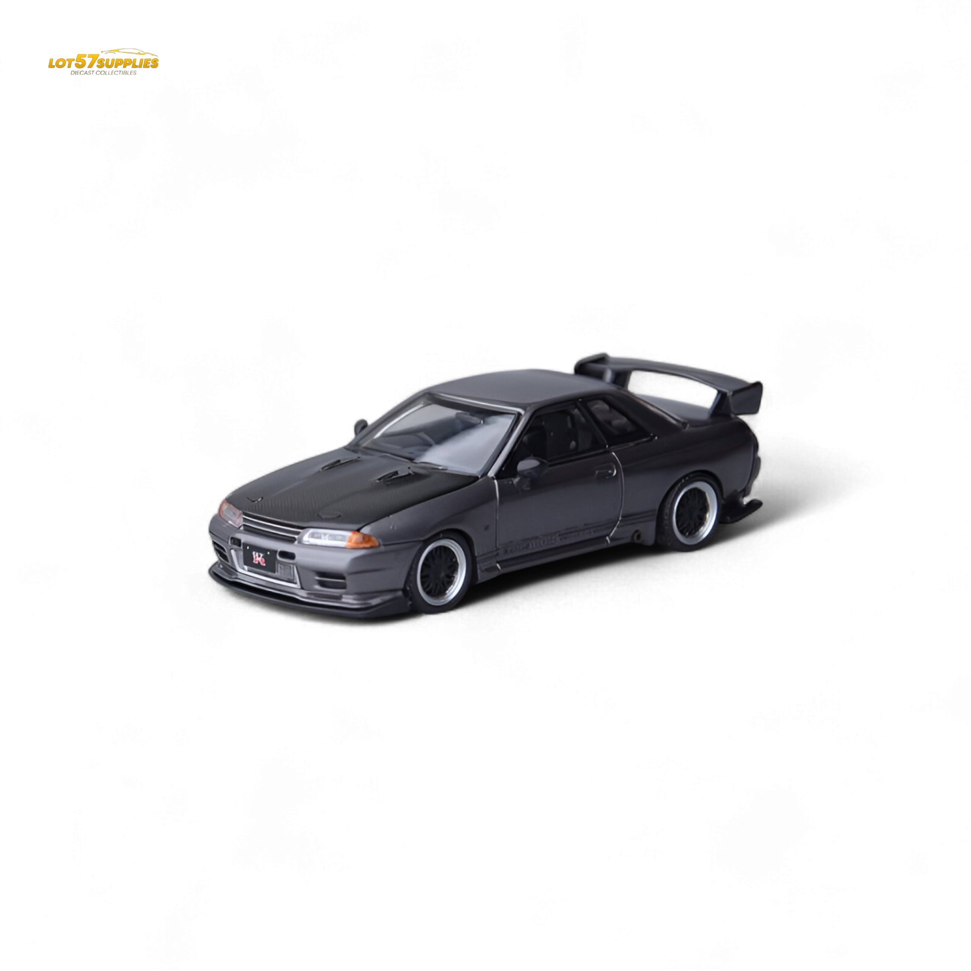 Grey Nissan Focal Horizon Skyline GT-R R32 diecast model with Top Secret modifications, 1:64 scale, detailed miniature collectible.