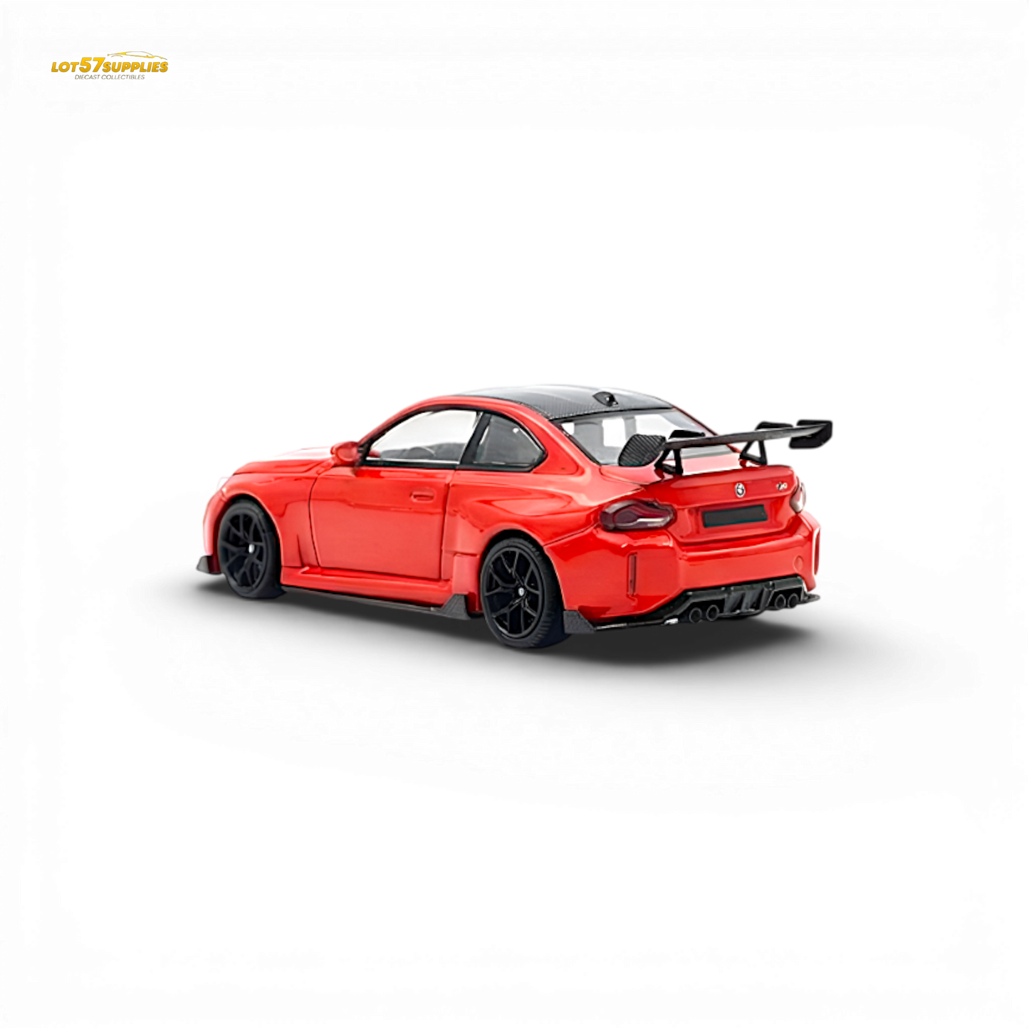 Red BMW G87 M2 diecast model in 1:64 scale by Lot57Supplies, detailed miniature car with high tail design.