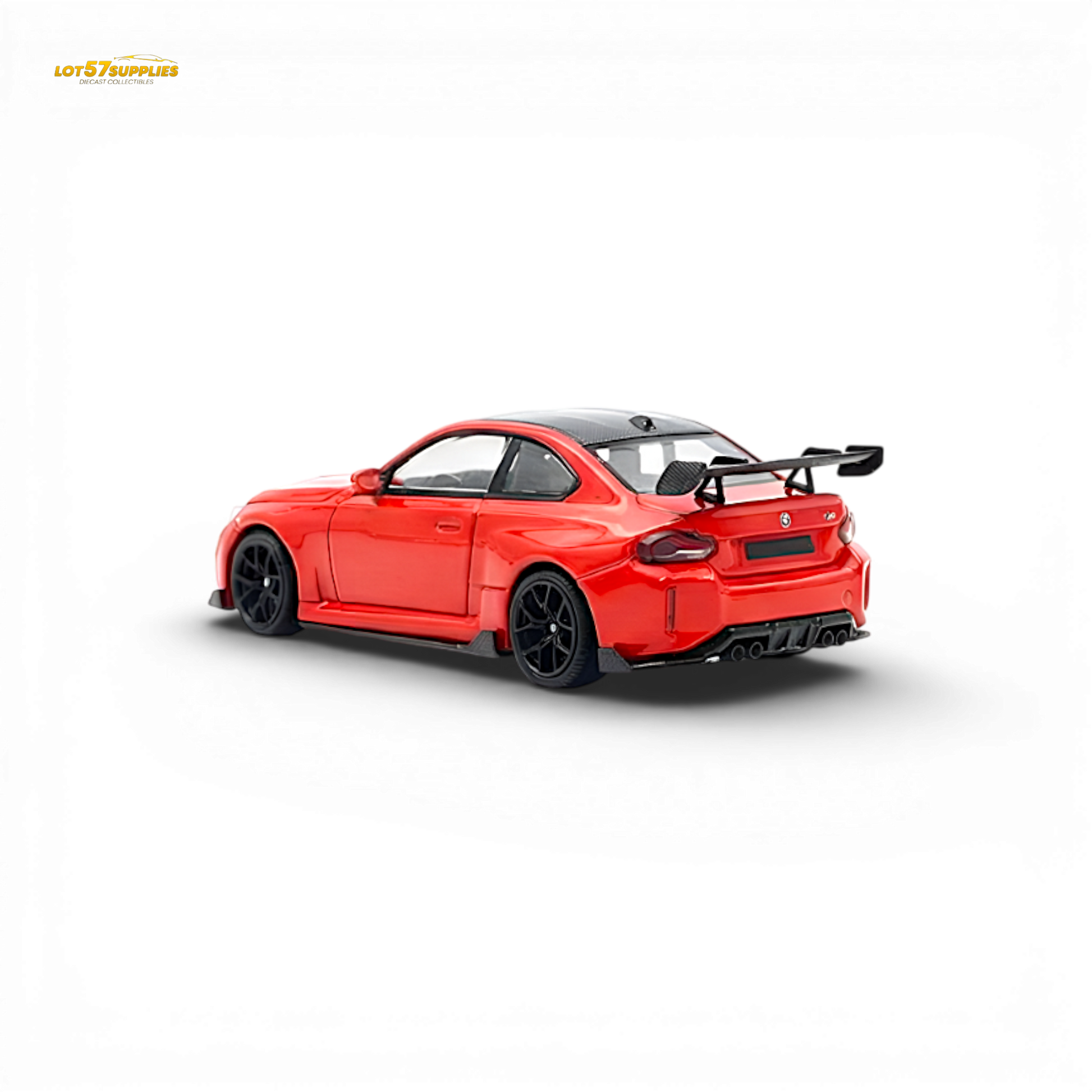 Red BMW G87 M2 diecast model in 1:64 scale by Lot57Supplies, detailed miniature car with high tail design.