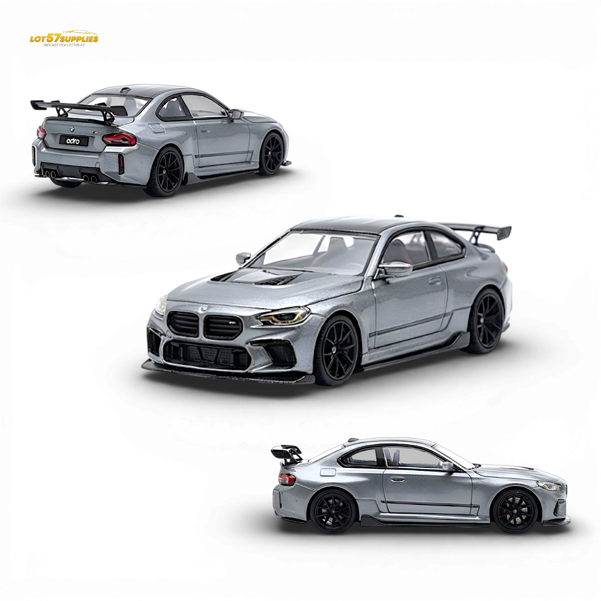 Pre-order SW BMW G87 M2 ADRO diecast model in low tail Titanium Grey, 1:64 scale, from Lot57Supplies Diecast Shop.