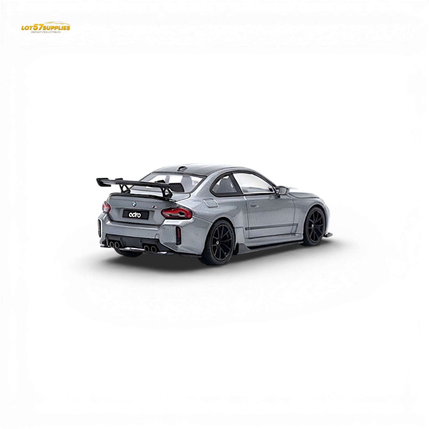 Detailed image of a 1:64 scale BMW G87 M2 ADRO diecast model in titanium grey from Lot57Supplies Diecast Shop.