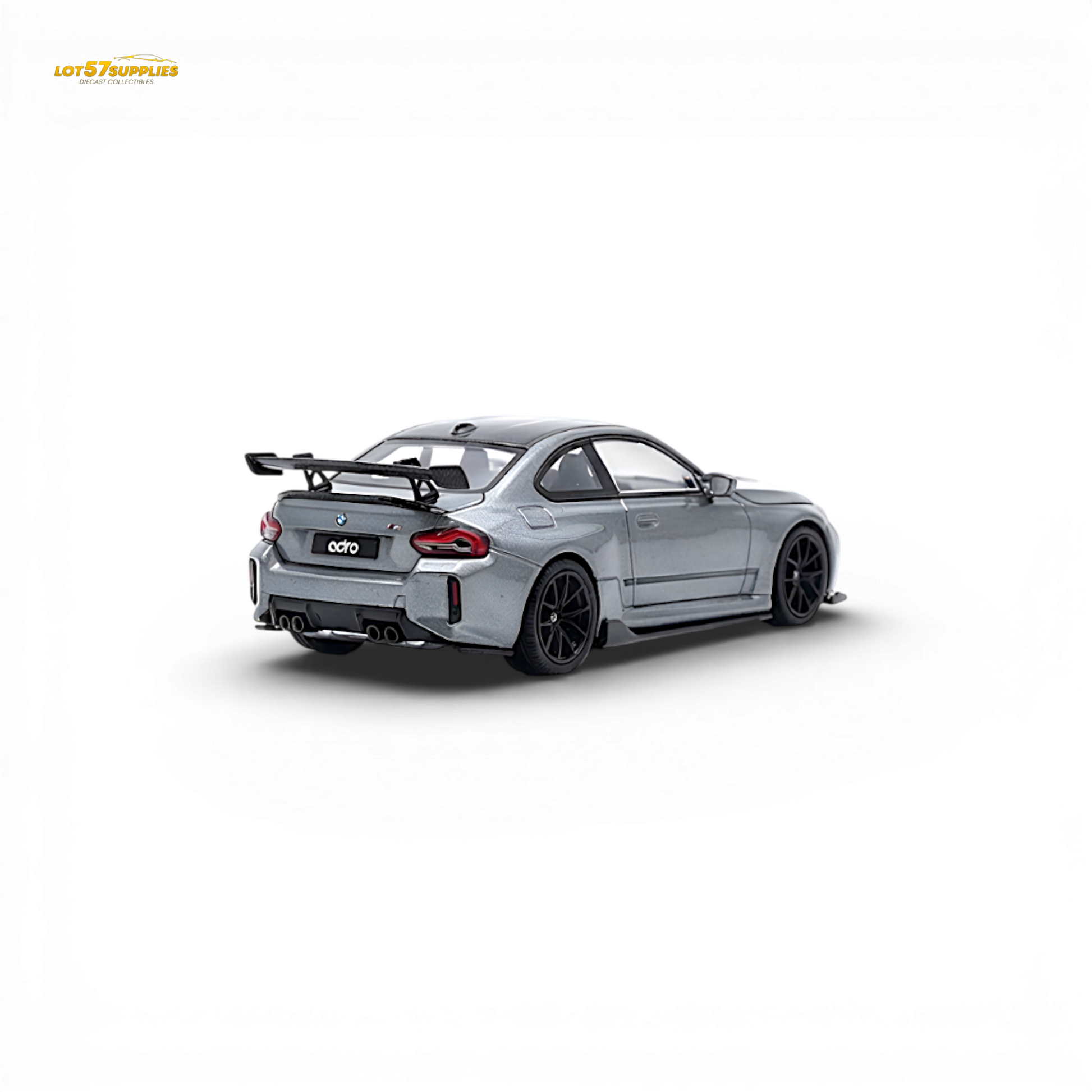 Detailed image of a 1:64 scale BMW G87 M2 ADRO diecast model in titanium grey from Lot57Supplies Diecast Shop.