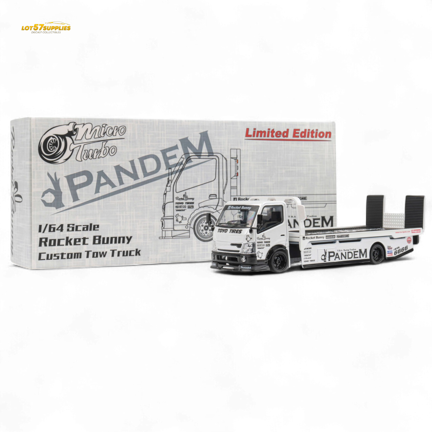 White 1:64 scale MicroTurbo Hino 300 flat bed truck by Pandem Rocket Bunny, detailed diecast model for collectors