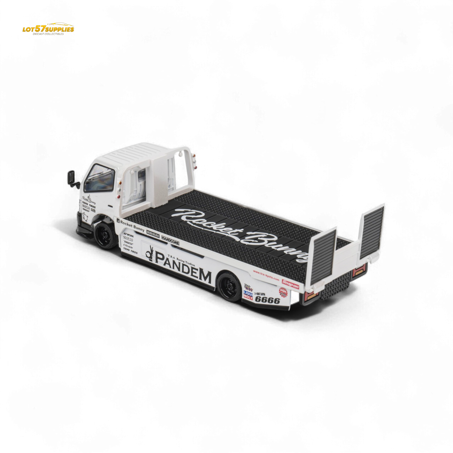 White Hino 300 MicroTurbo Flat Bed Truck diecast model with Pandem Rocket Bunny kit, 1:64 scale, detailed automotive replica
