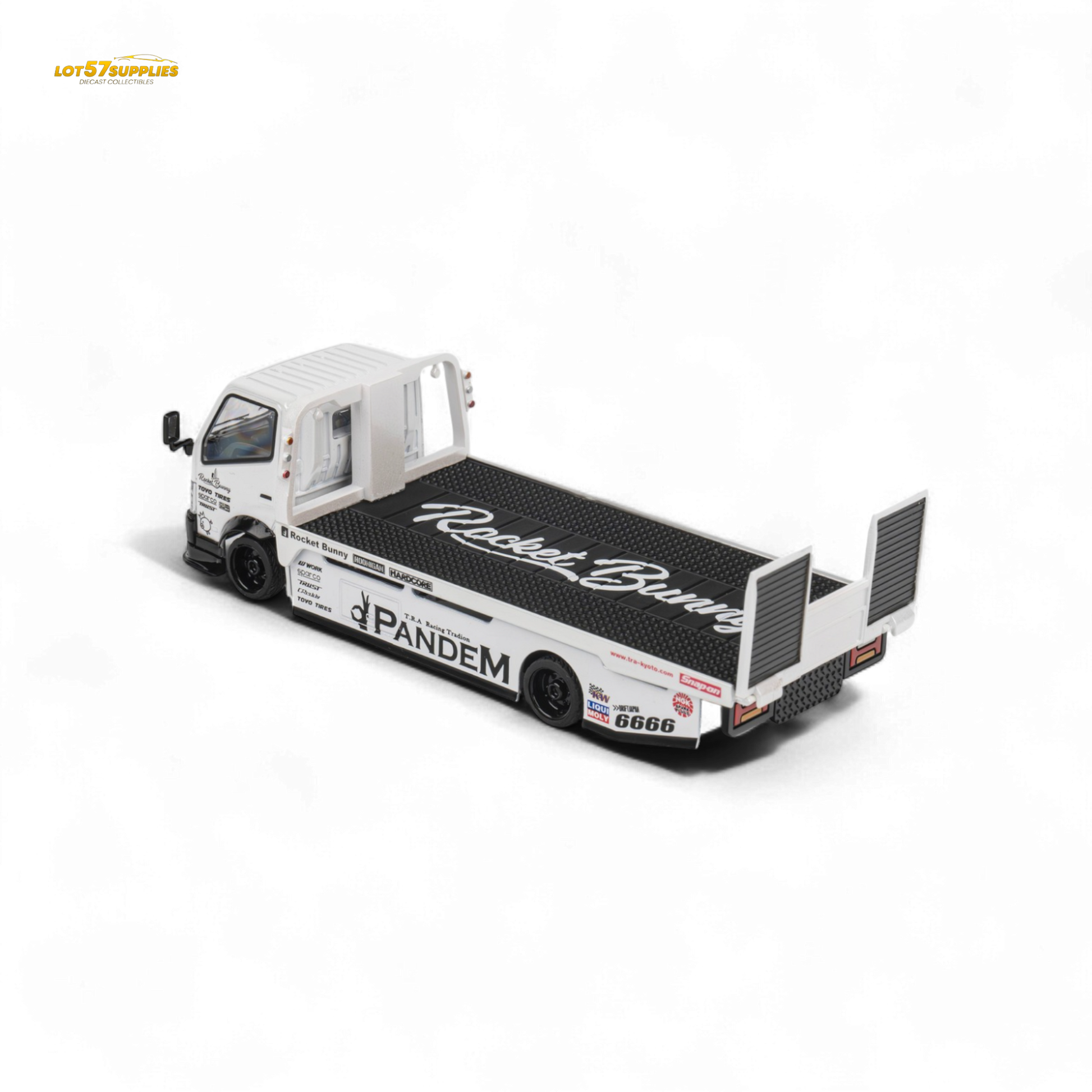 White Hino 300 MicroTurbo Flat Bed Truck diecast model with Pandem Rocket Bunny kit, 1:64 scale, detailed automotive replica