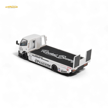 White Hino 300 MicroTurbo Flat Bed Truck diecast model with Pandem Rocket Bunny kit, 1:64 scale, detailed automotive replica