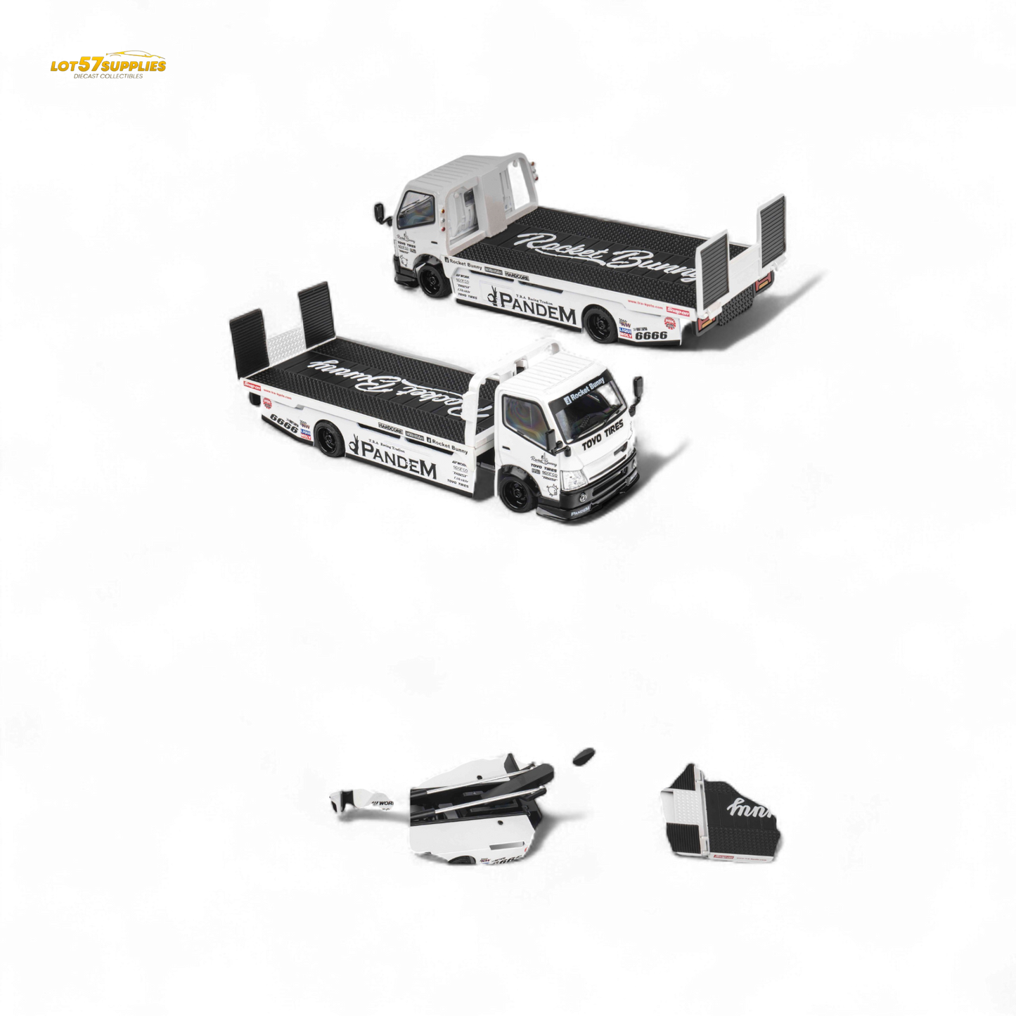 White Hino 300 MicroTurbo flat bed truck diecast model with Pandem Rocket Bunny design, 1:64 scale, detailed collectible.