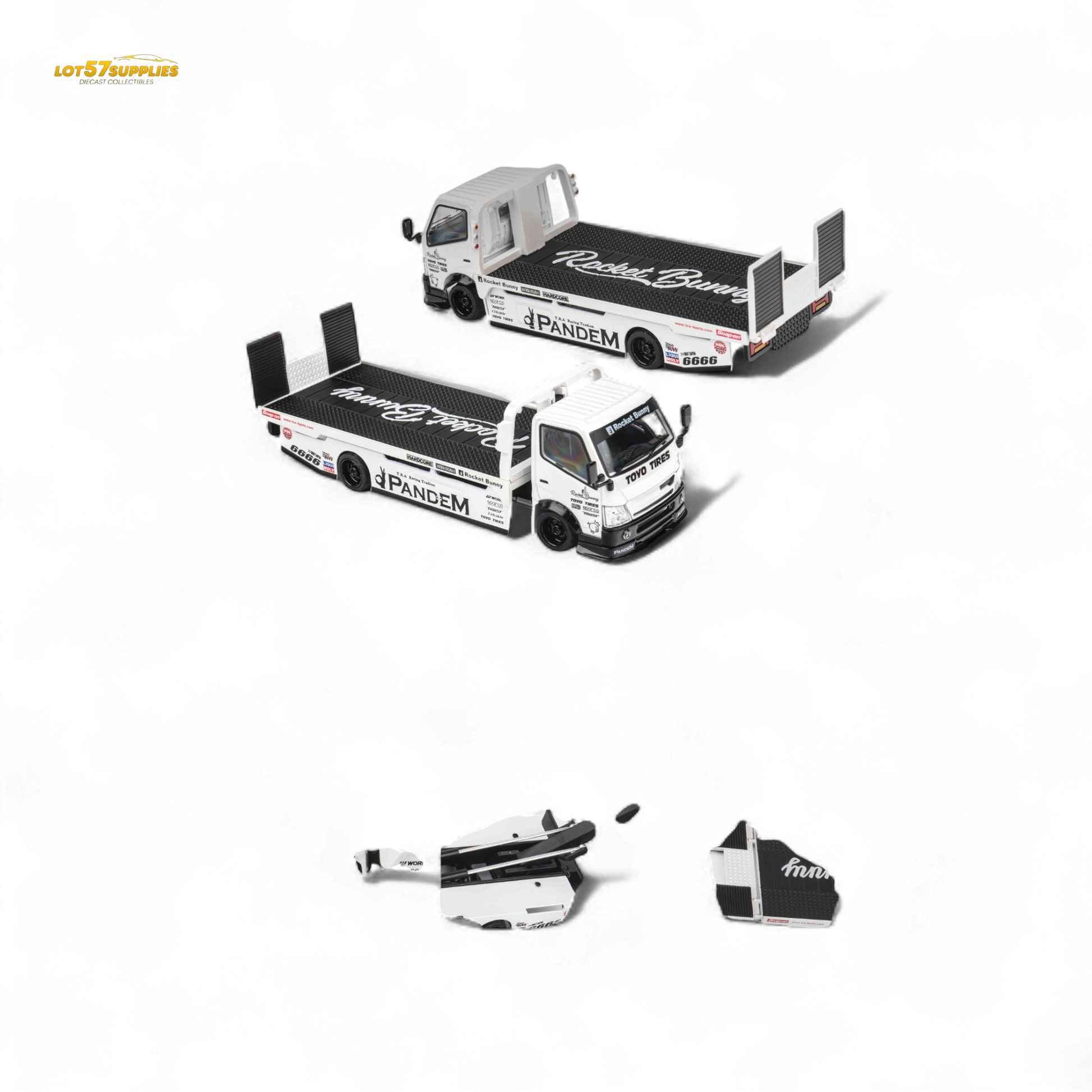 White Hino 300 MicroTurbo flat bed truck diecast model with Pandem Rocket Bunny design, 1:64 scale, detailed collectible.