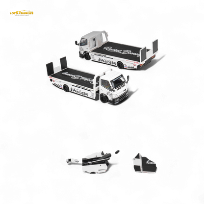 White Hino 300 MicroTurbo flat bed truck diecast model with Pandem Rocket Bunny design, 1:64 scale, detailed collectible.