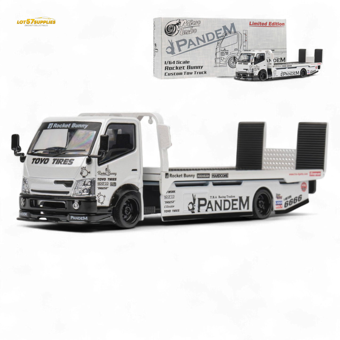 White 1:64 scale MicroTurbo Hino 300 flat bed truck diecast model with Pandem Rocket Bunny design by Lot57Supplies Diecast Shop