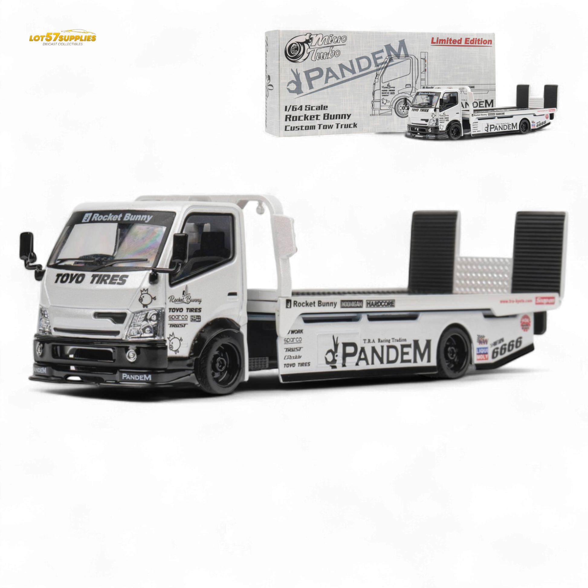 White 1:64 scale MicroTurbo Hino 300 flat bed truck diecast model with Pandem Rocket Bunny design by Lot57Supplies Diecast Shop