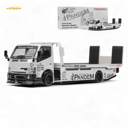 White 1:64 scale MicroTurbo Hino 300 flat bed truck diecast model with Pandem Rocket Bunny design by Lot57Supplies Diecast Shop