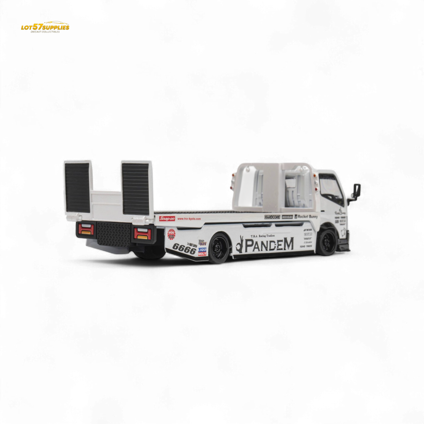 White 1:64 scale MicroTurbo Hino 300 flat bed truck with Pandem Rocket Bunny body by Lot57Supplies Diecast Shop, detailed model.
