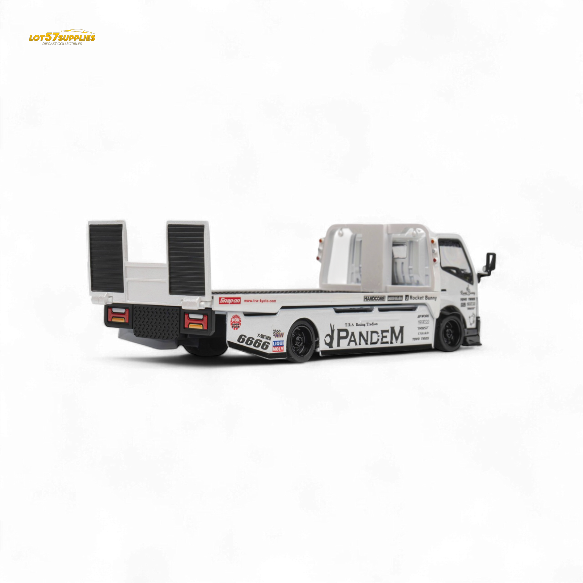 White 1:64 scale MicroTurbo Hino 300 flat bed truck with Pandem Rocket Bunny body by Lot57Supplies Diecast Shop, detailed model.