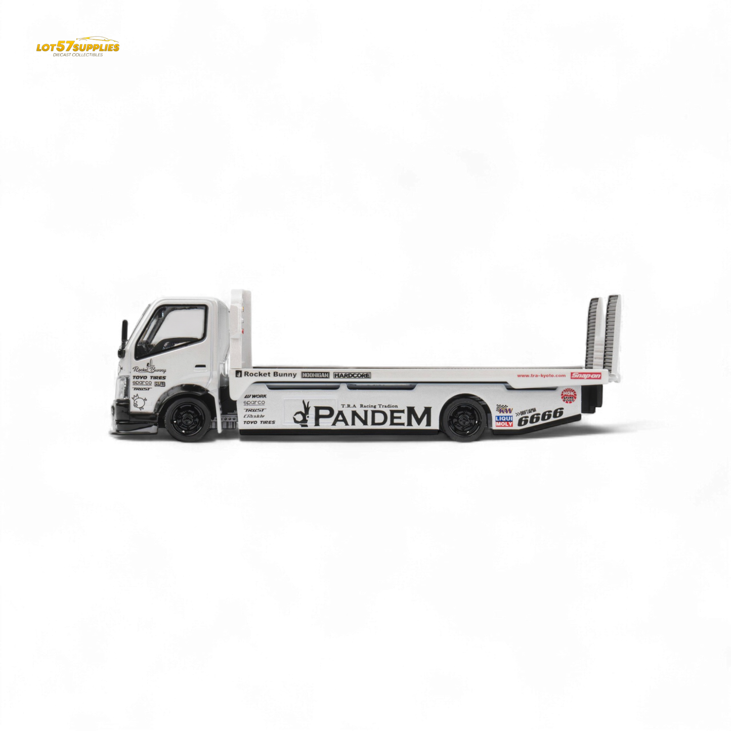 White Hino 300 MicroTurbo Flat Bed Truck diecast model with Pandem Rocket Bunny kit, detailed 1:64 scale, by Lot57Supplies Diecast Shop.